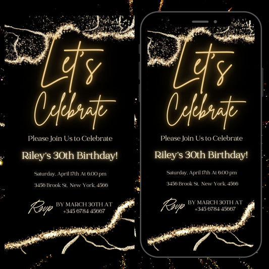 Digital Birthday Invitation Template, Electronic Birthday Invitation Gold, Digital Download, Text Message Invite, Editable Text ANY AGE