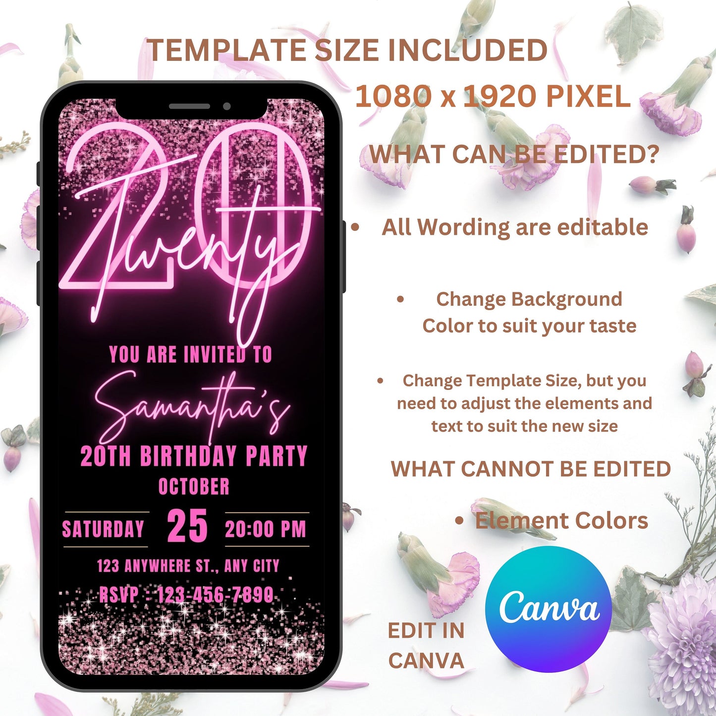 20th Birthday Invitation for girl, Birthday Template, Glittery Bday Pink Neon Light Instant Download Invites, 20 Twentieth Editable Template