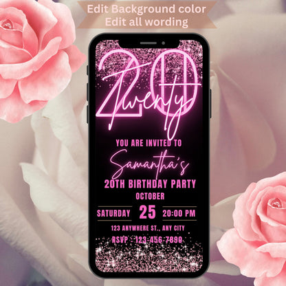 20th Birthday Invitation for girl, Birthday Template, Glittery Bday Pink Neon Light Instant Download Invites, 20 Twentieth Editable Template