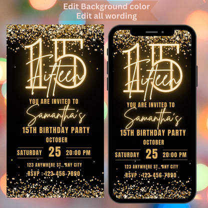 Neon 15th Birthday Invitation Template Editable