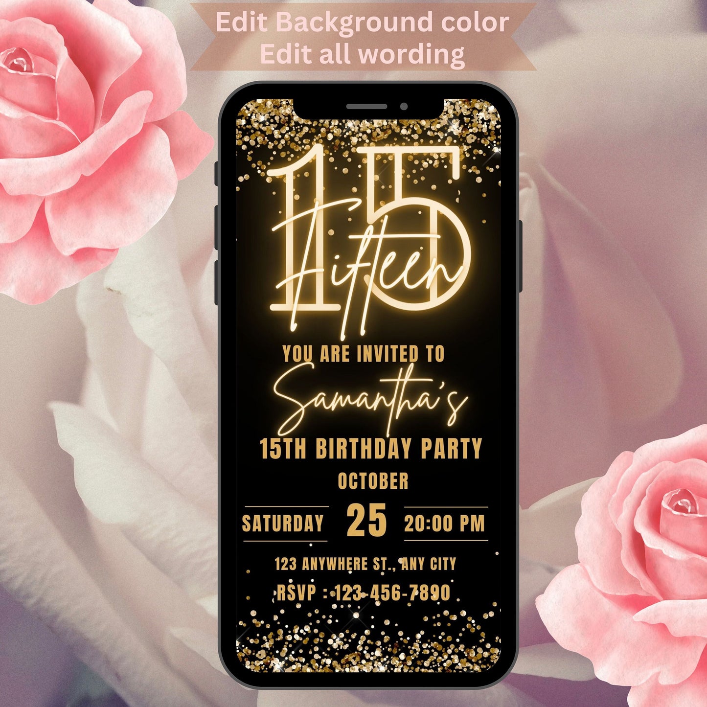 Neon 15th Birthday Invitation Template Editable