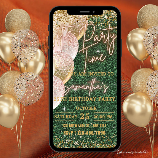 Digital Birthday Invitation Template, Electronic Birthday Invite Green Gold Neon Digital Download, Text Message Invite Editable Text ANY AGE