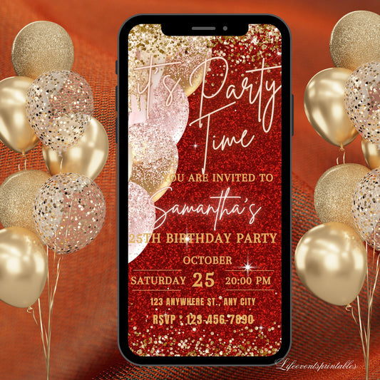 Digital Birthday Invitation Template, Electronic Birthday Invite Red Gold Neon Digital Download, Text Message Invite Editable Text ANY AGE