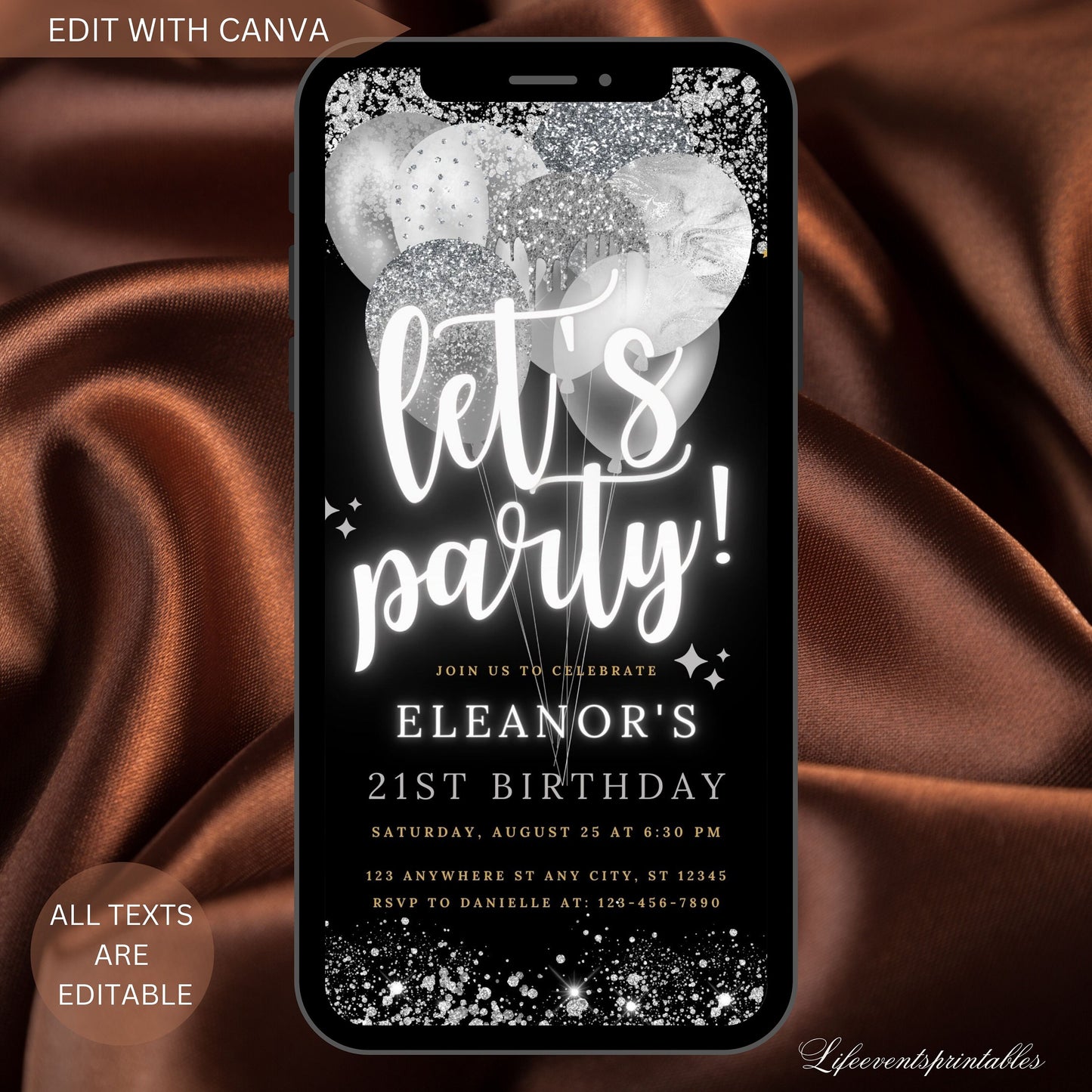 Editable Black Silver Birthday Invitation, Black White Electronic Birthday Invite, Editable Template, Phone Invite, Instant Download