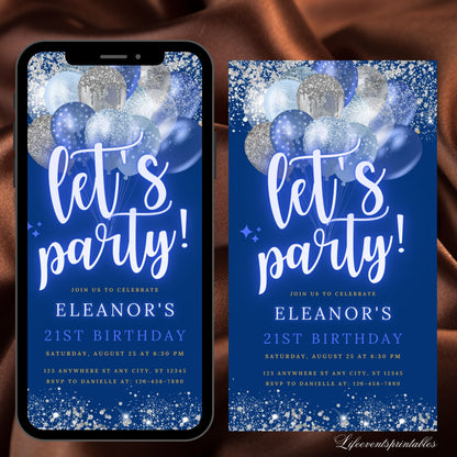 Digital Blue Silver Birthday Party Invitation Template Blue Glitter Balloons Editable Evite, Instant Download Birthday Phone E-Invite