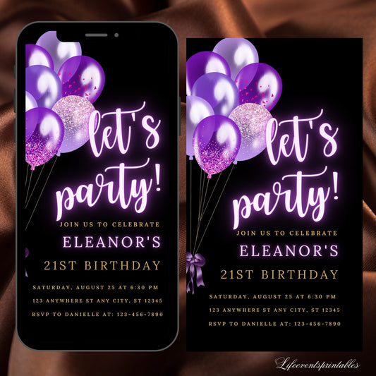 Digital Purple Balloons Birthday Party Invitation, Silver Glitter, Electronic Phone Text Message Evite, Editable Template, Instant Download