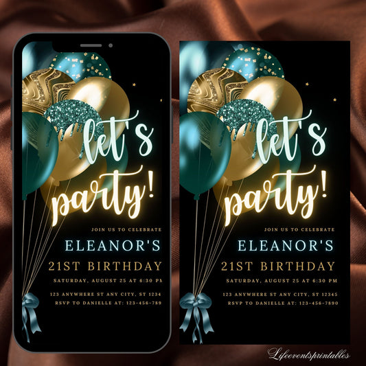 Digital Green Gold Birthday Party Invitation Template Green Gold Glitter Balloons Editable Evite, Instant Download Birthday Phone E-Invite