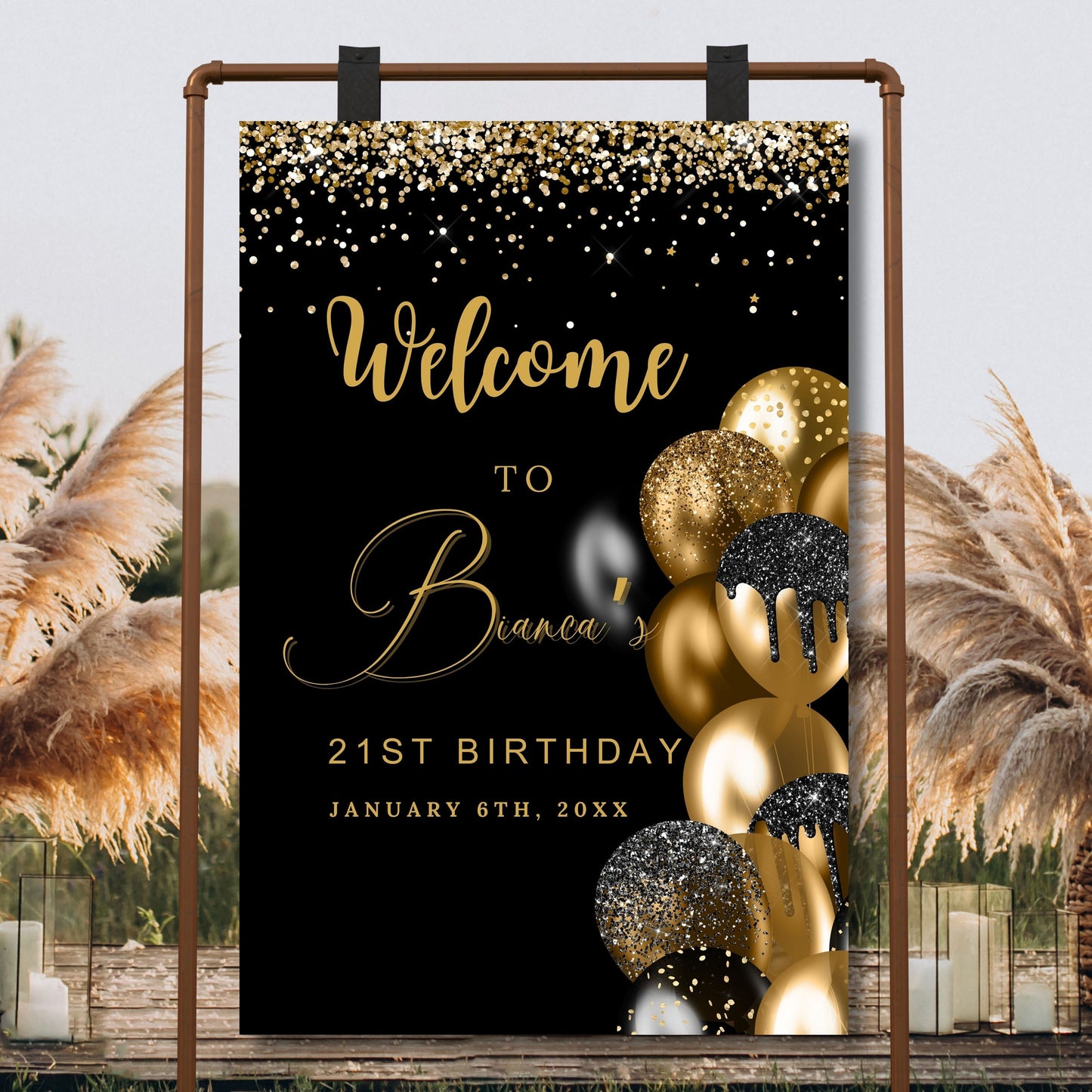 Editable Black Gold Welcome Sign Template PRINTABLE Birthday Party Gold Balloons Welcome Signage Decor Welcome Poster Party Canva Template