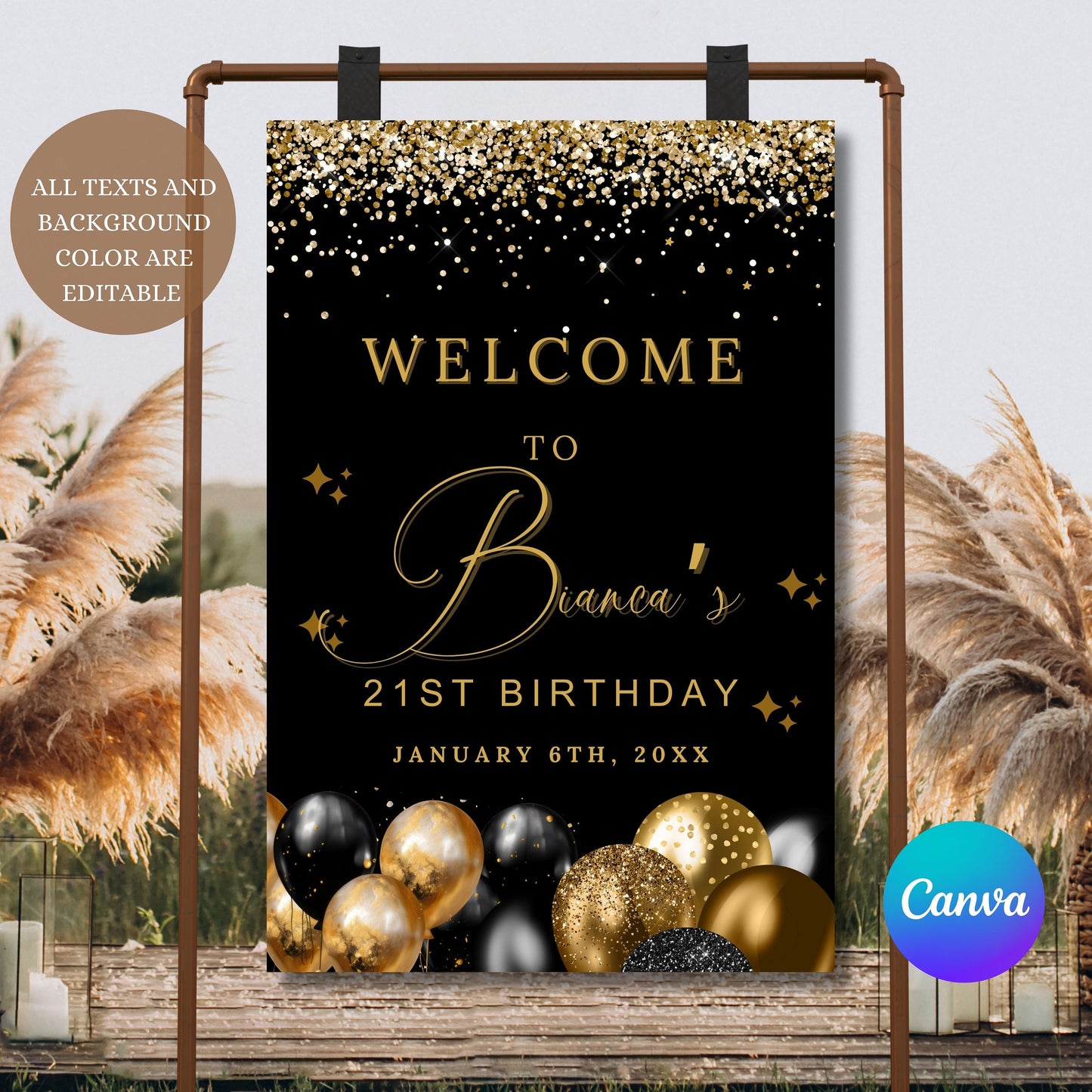 ANY AGE Birthday Welcome Sign Birthday Welcome Poster Black and Gold Glitter Sparkle Instant Digital Download Editable Welcome Signage decor