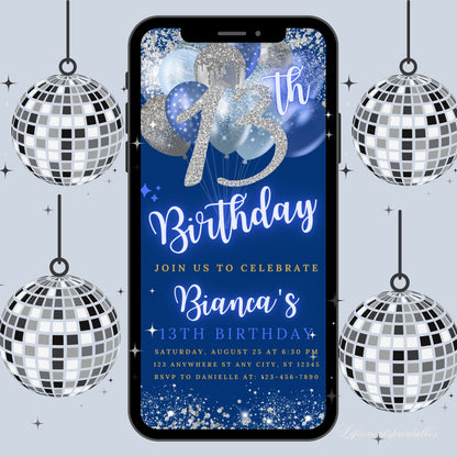 Digital 13th Birthday Invitation Template, Editable 13th Birthday Party Invite, Neon Silver Blue Birthday Text Evite, Instant Download