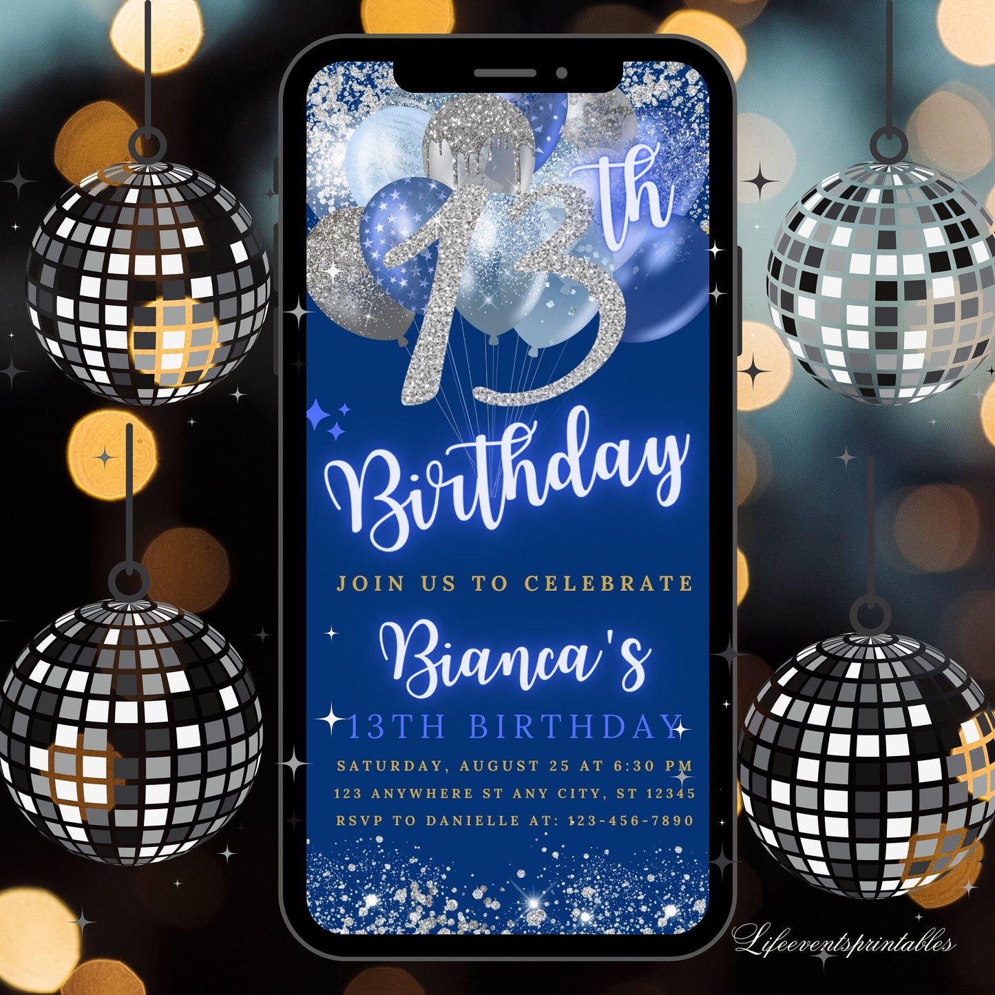 Digital 13th Birthday Invitation Template, Editable 13th Birthday Party Invite, Neon Silver Blue Birthday Text Evite, Instant Download