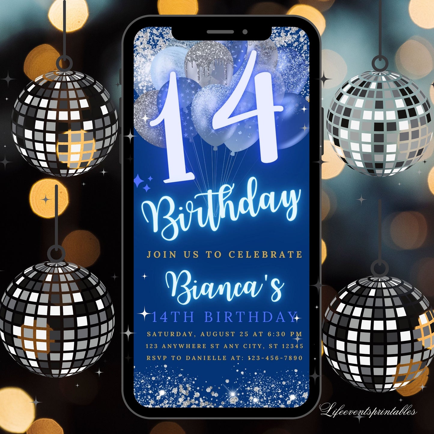 Digital 14th Birthday Invitation Template, Editable 14th Birthday Party Invite, Neon Silver Blue Birthday Text Evite, Instant Download