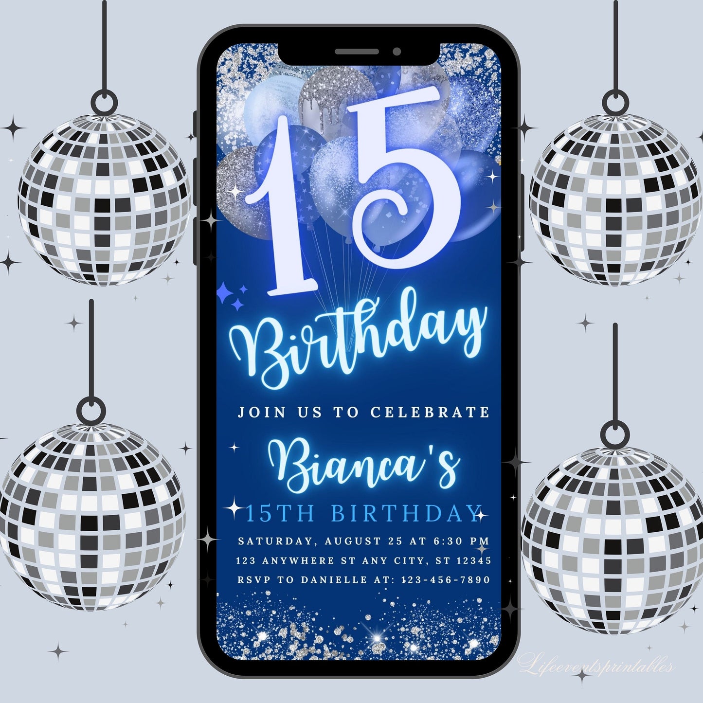 Digital 15th Birthday Invitation Template, Editable 15th Birthday Party Invite, Neon Silver Blue Birthday Text Evite, Instant Download