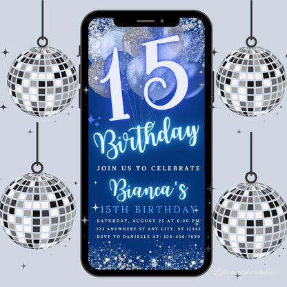 Digital 15th Birthday Invitation Template, Editable 15th Birthday Party Invite, Neon Silver Blue Birthday Text Evite, Instant Download