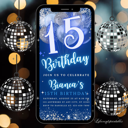 Digital 15th Birthday Invitation Template, Editable 15th Birthday Party Invite, Neon Silver Blue Birthday Text Evite, Instant Download