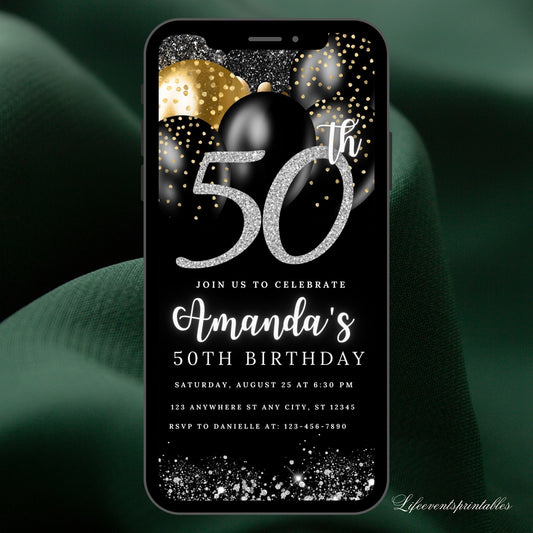 Editable 50th Birthday Invitation Template Fiftieth Black Balloon Birthday Invite for Adults Phone Invitation Rustic Digital Invite for Her