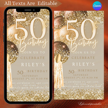 Digital 50th Birthday Invitation For Women, Editable 50th Invite Evite, Virtual Rustic Fifty Party Invite For Her, Birthday Invite For Her