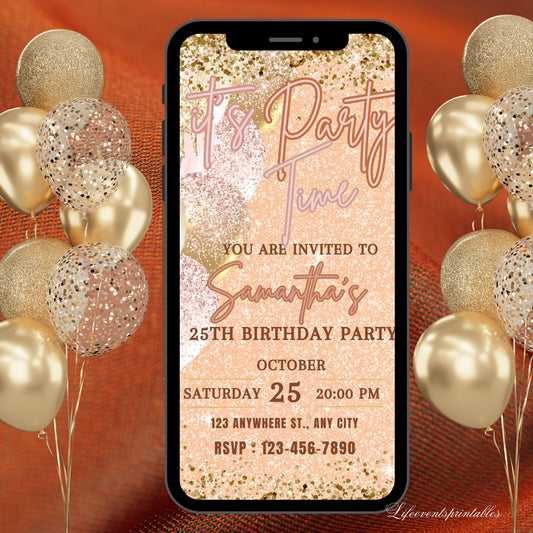 Digital Birthday Invitation Template, Electronic Birthday Invite Rose Gold Neon Digital Download, Text Message Invite Editable Text ANY AGE