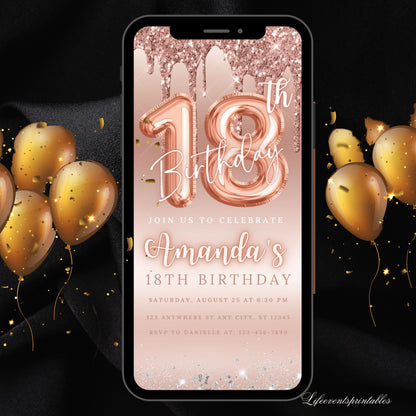 18TH Dripping Birthday Invitation Digital Rose Gold, Editable Glittery Eighteenth Birthday evite Glitter Drip Invitation Template CANVA