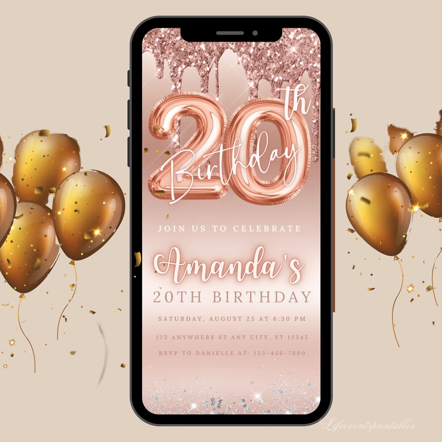 20TH Dripping Birthday Invitation Digital Rose Gold, Editable Glittery Twentieth Birthday evite Glitter Drip Invitation Template CANVA