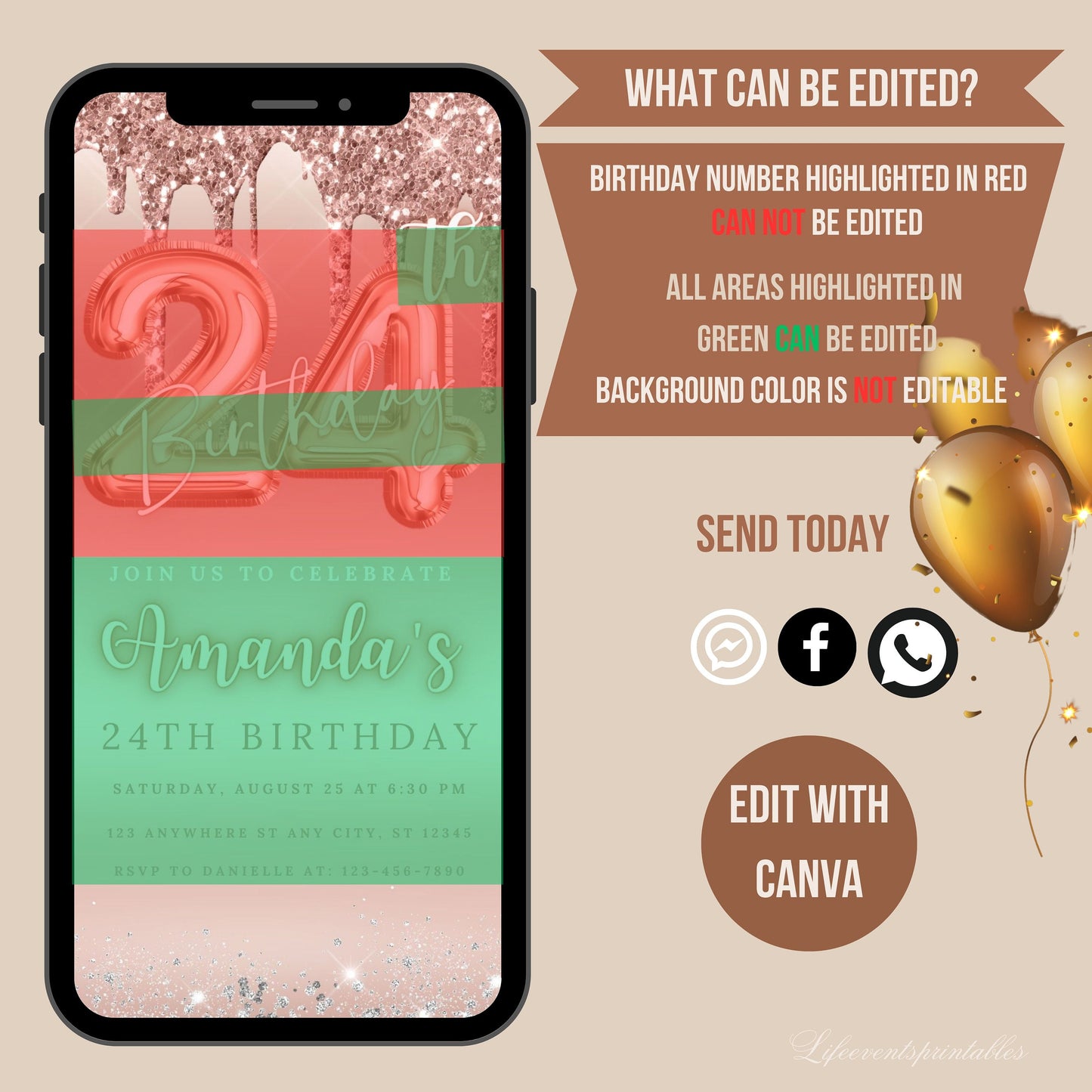 Digital 24TH Dripping Rose Gold Birthday Invitation Template, Twenty fourth Glittery Electronic Birthday Invitation Drip Invitation CANVA