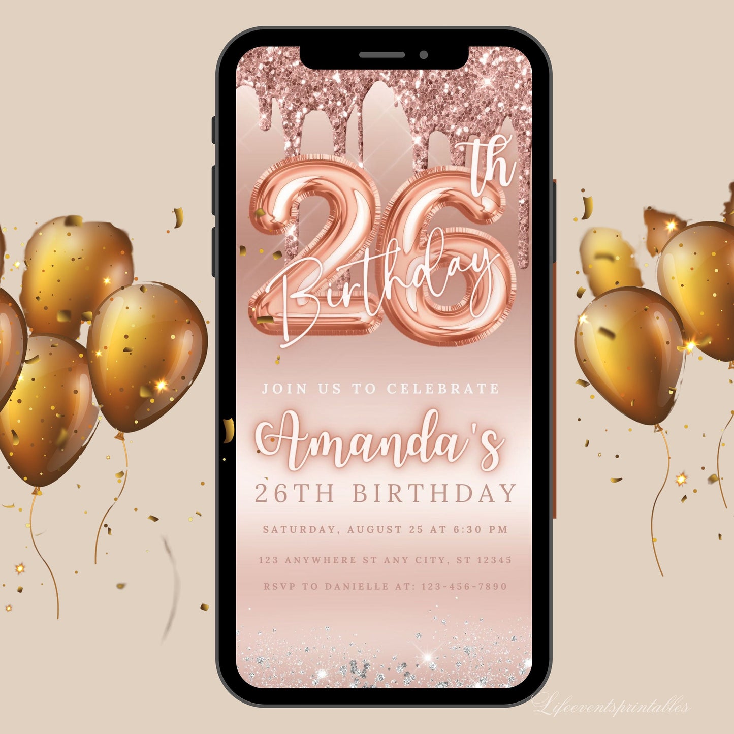 Digital 26th Dripping Rose Gold Birthday Invitation Template, Editable Glittery Electronic Birthday Invitation Drip Invitation CANVA