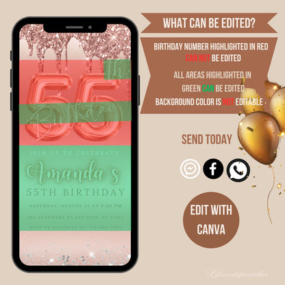 Digital 55th Dripping Rose Gold Birthday Invitation Template, Editable Glittery Electronic Birthday Invitation Drip Invitation CANVA