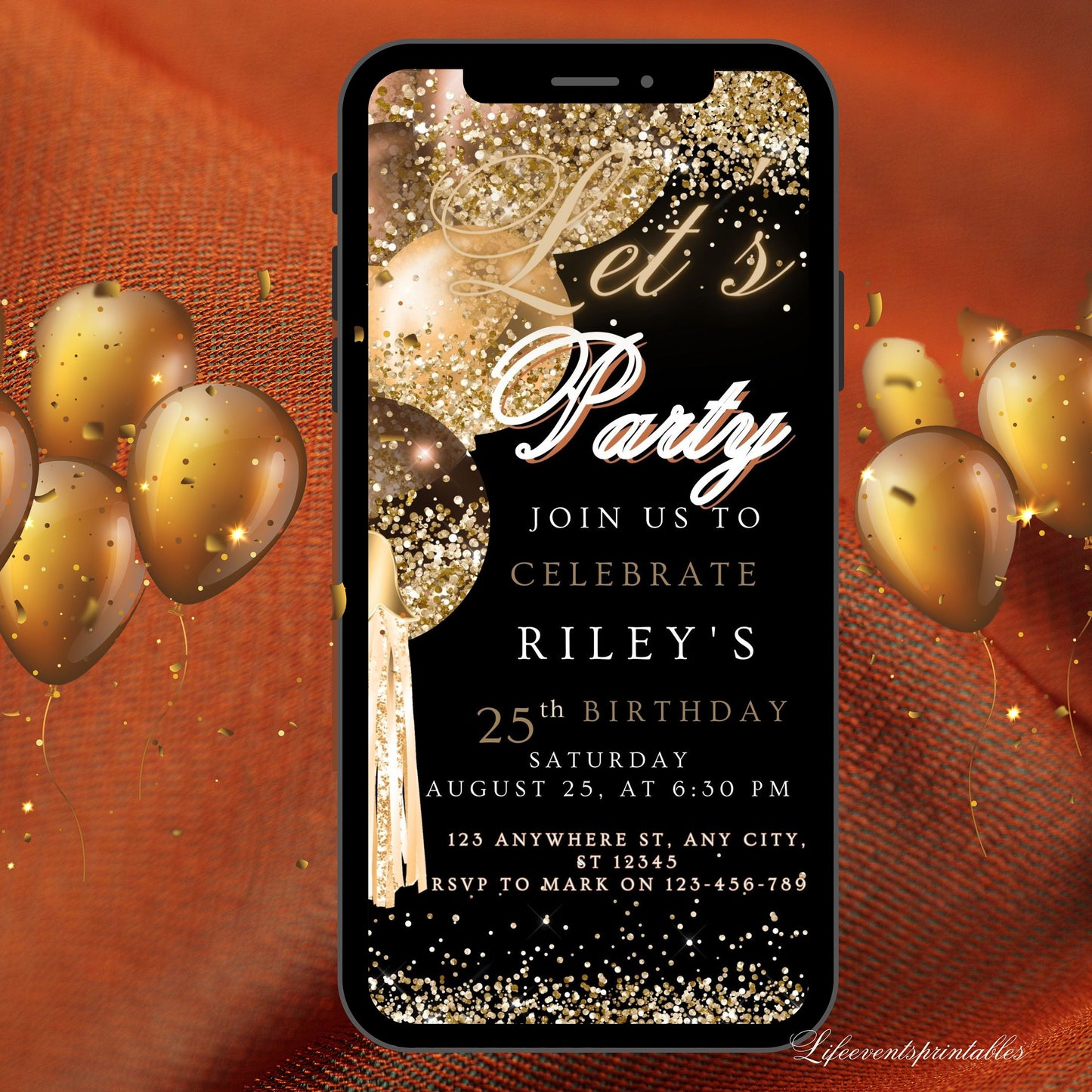 Digital Birthday Invitation Template, Electronic Birthday Invitation Brown Gold Digital Download, Text Message Invite, Editable Text ANY AGE