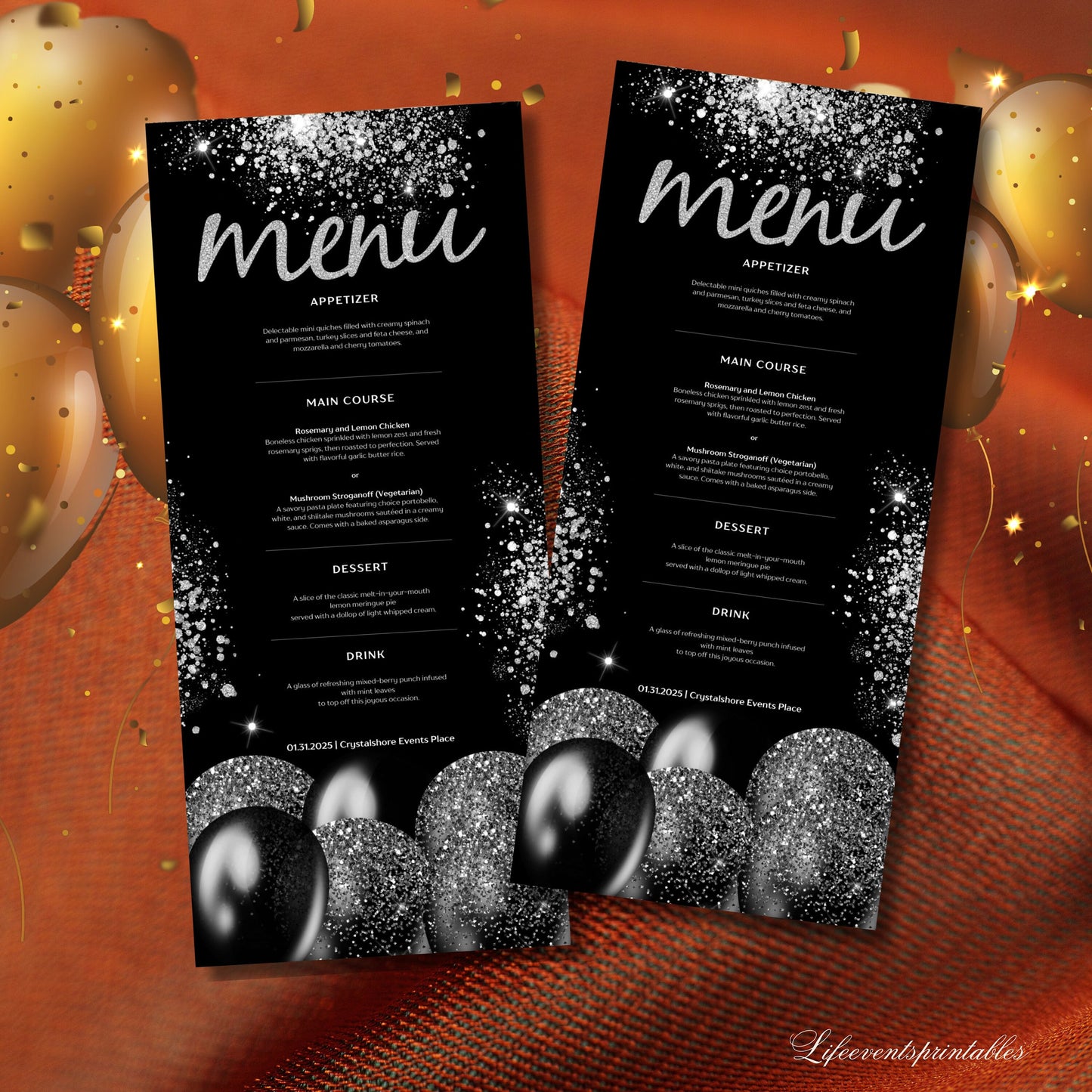 Black Balloon and Silver Menu Card Template, Editable Sparkle Menu Template, Event Template Digital Instant Digital Download Printable