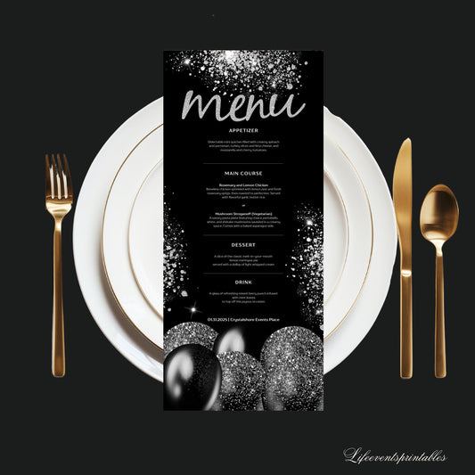 Black Balloon and Silver Menu Card Template, Editable Sparkle Menu Template, Event Template Digital Instant Digital Download Printable