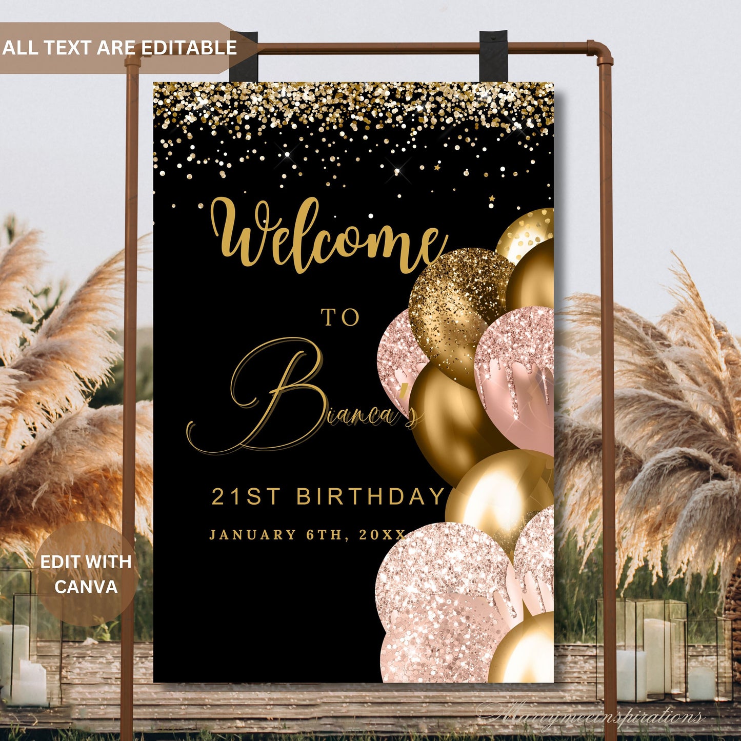 Editable Black Gold Welcome Sign Template PRINTABLE Birthday Party Gold Balloons Welcome Signage Decor Welcome Poster Party Rosegold Balloon