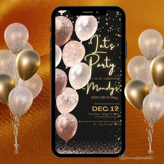 Digital Rose Gold Birthday Invitation Template Electronic Gold Balloon Birthday Invitation Download Text Message Invite Editable ANY AGE