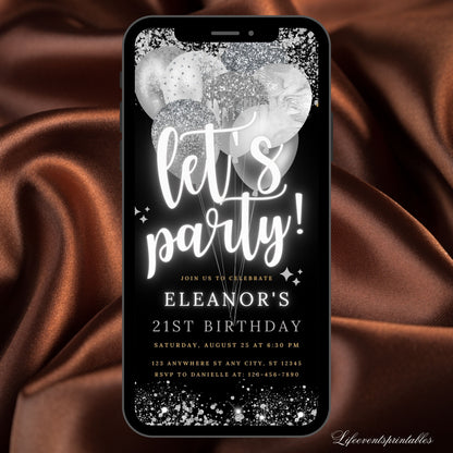 Editable Black Silver Birthday Invitation, Black White Electronic Birthday Invite, Editable Template, Phone Invite, Instant Download