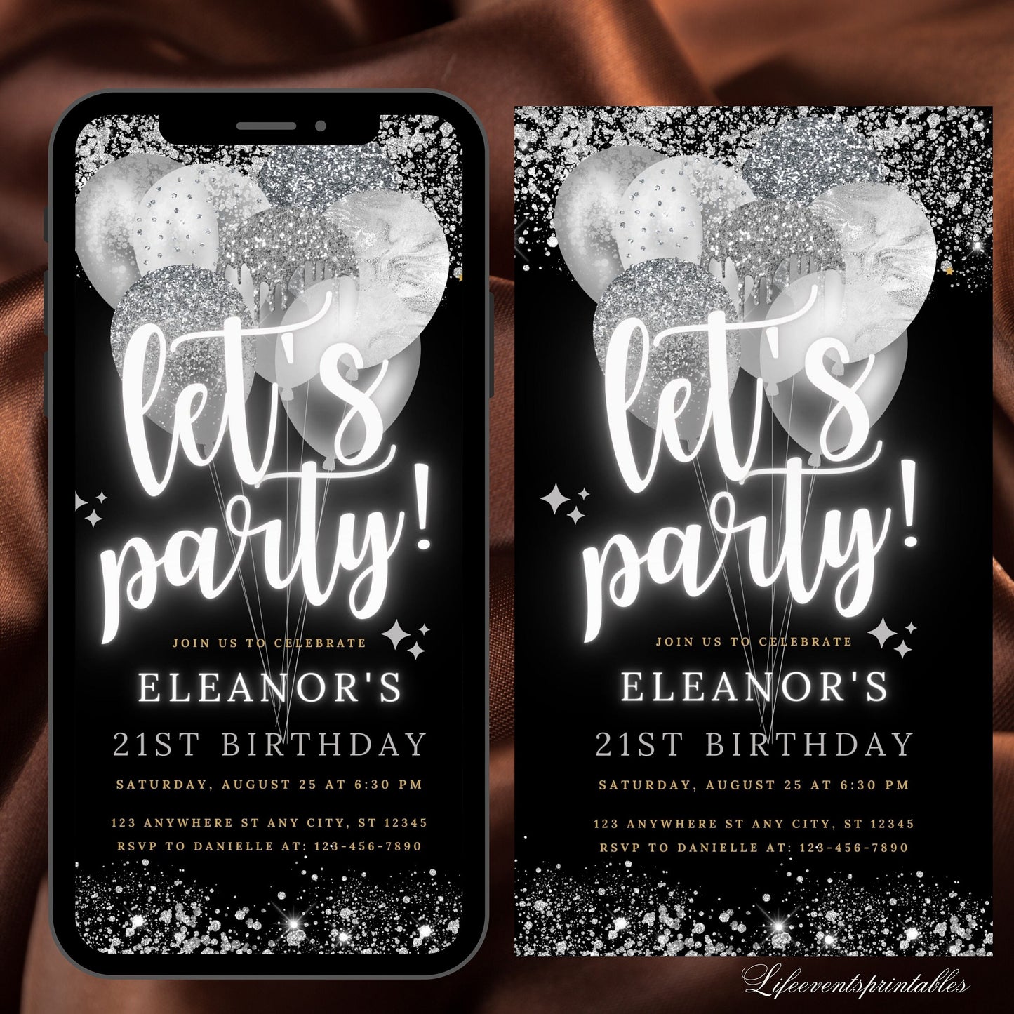 Editable Black Silver Birthday Invitation, Black White Electronic Birthday Invite, Editable Template, Phone Invite, Instant Download