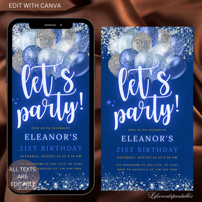 Digital Blue Silver Birthday Party Invitation Template Blue Glitter Balloons Editable Evite, Instant Download Birthday Phone E-Invite