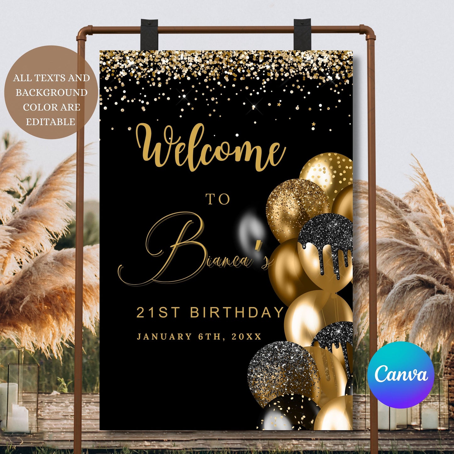 Editable Black Gold Welcome Sign Template PRINTABLE Birthday Party Gold Balloons Welcome Signage Decor Welcome Poster Party Canva Template