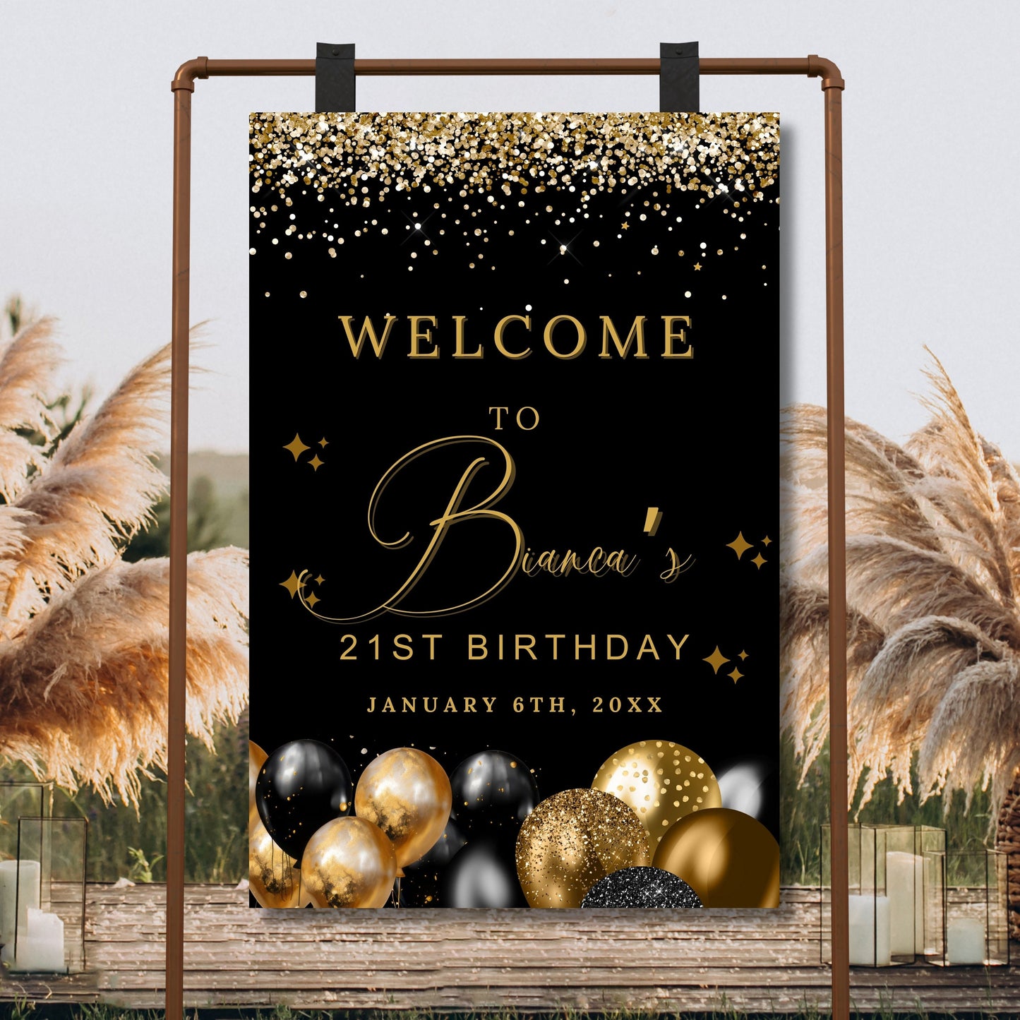 ANY AGE Birthday Welcome Sign Birthday Welcome Poster Black and Gold Glitter Sparkle Instant Digital Download Editable Welcome Signage decor