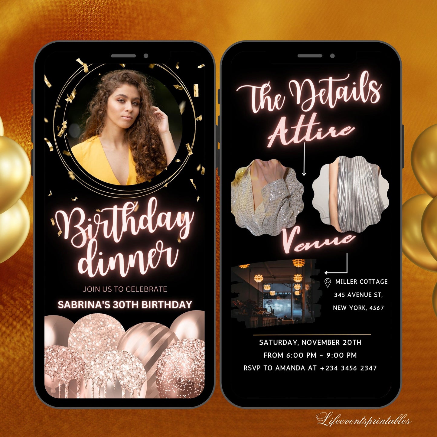 Rosegold Balloon Animated Birthday Invitation Canva Template, Video Pink Neon Glittery Birthday evite, Digital Photo Birthday Invitation