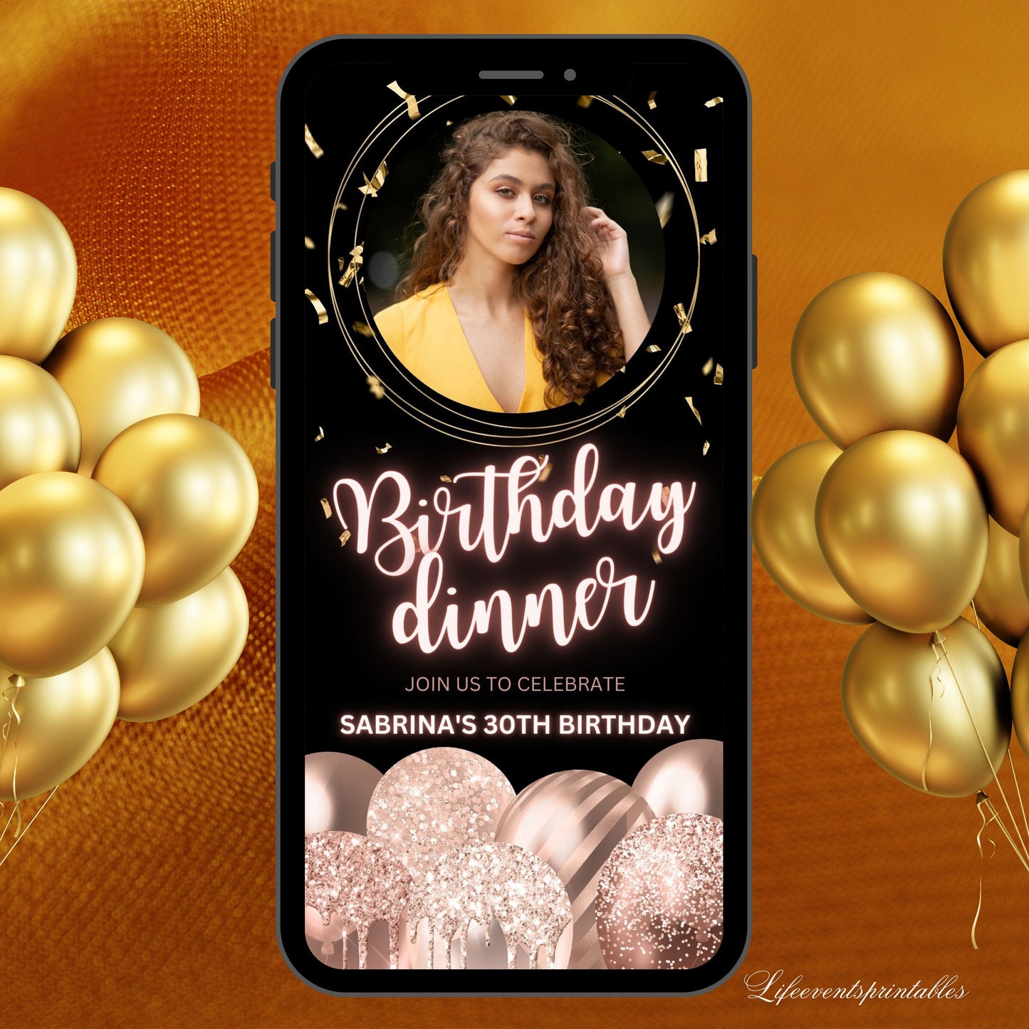 Rosegold Balloon Animated Birthday Invitation Canva Template, Video Pink Neon Glittery Birthday evite, Digital Photo Birthday Invitation