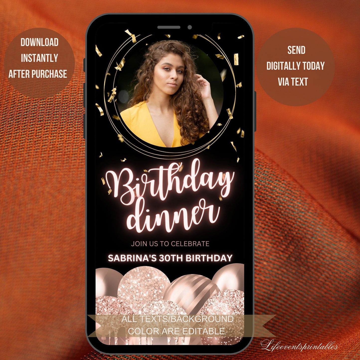 Rosegold Balloon Animated Birthday Invitation Canva Template, Video Pink Neon Glittery Birthday evite, Digital Photo Birthday Invitation