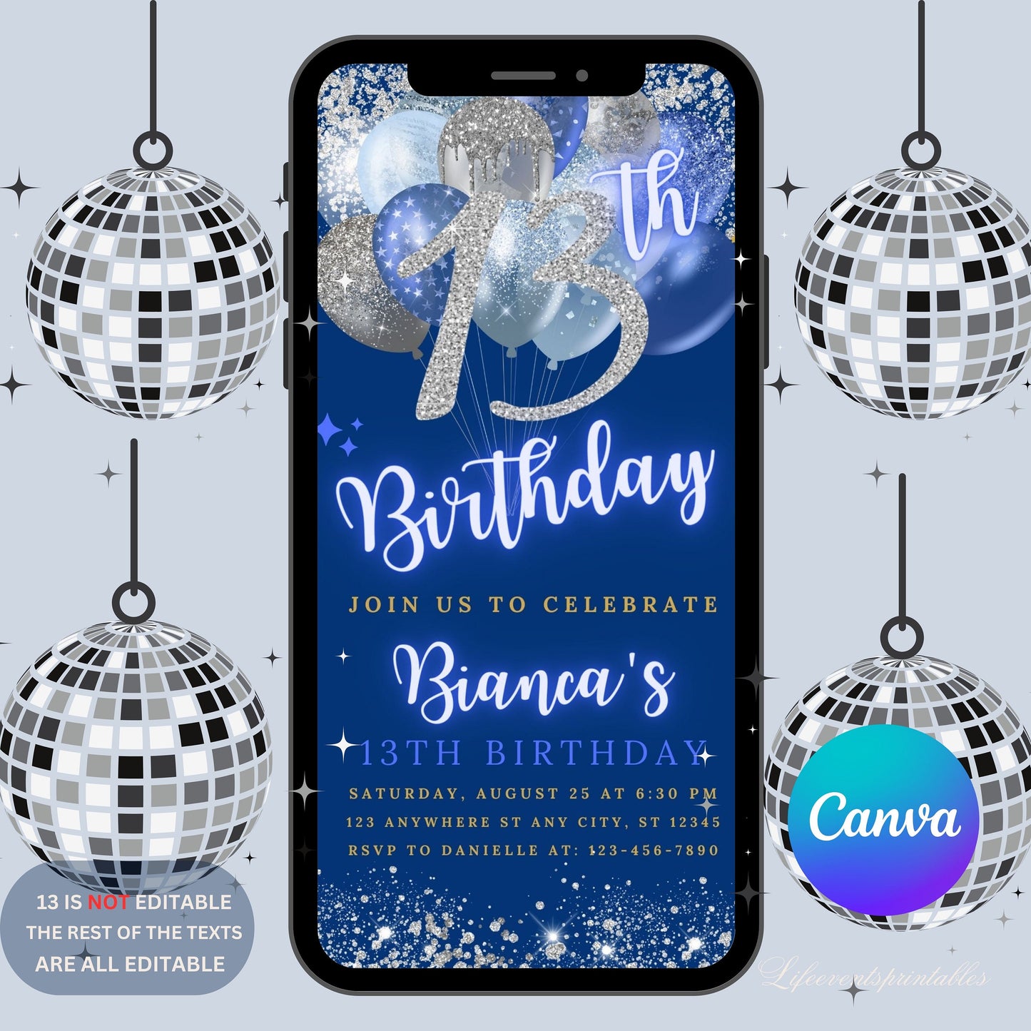 Digital 13th Birthday Invitation Template, Editable 13th Birthday Party Invite, Neon Silver Blue Birthday Text Evite, Instant Download