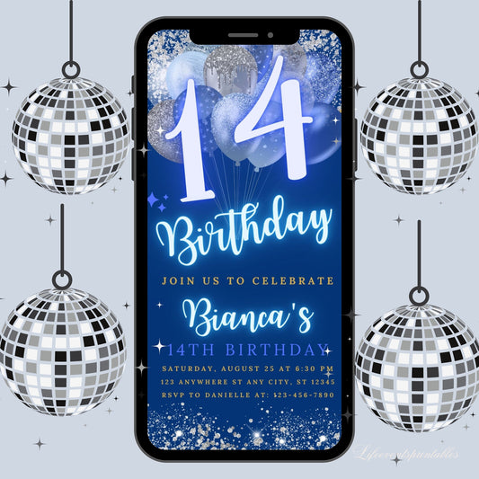 Digital 14th Birthday Invitation Template, Editable 14th Birthday Party Invite, Neon Silver Blue Birthday Text Evite, Instant Download