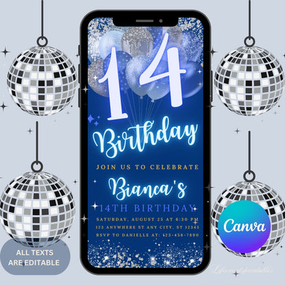 Digital 14th Birthday Invitation Template, Editable 14th Birthday Party Invite, Neon Silver Blue Birthday Text Evite, Instant Download