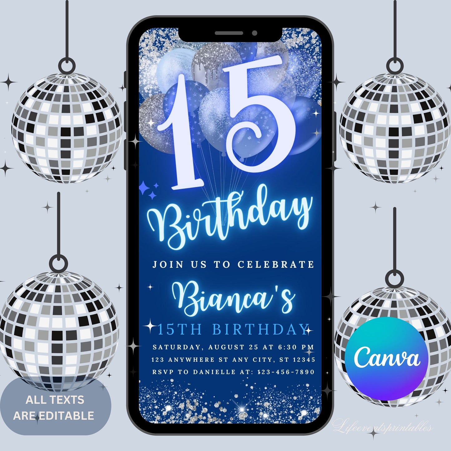 Digital 15th Birthday Invitation Template, Editable 15th Birthday Party Invite, Neon Silver Blue Birthday Text Evite, Instant Download