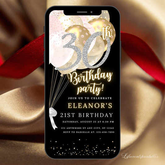 Editable 30th Birthday Invitation Template 30 Invite for Adults, Black Gold Balloon Phone Invitation Rustic Digital Invite for Her Glitter