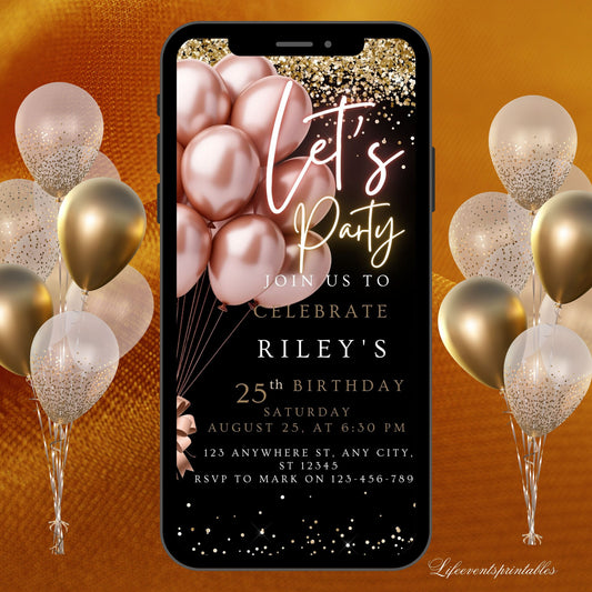 Digital Black Gold Birthday Party Invitation, Rose Gold Balloon Editable Template, Any Age Evite Instant Download, Phone Birthday Evite