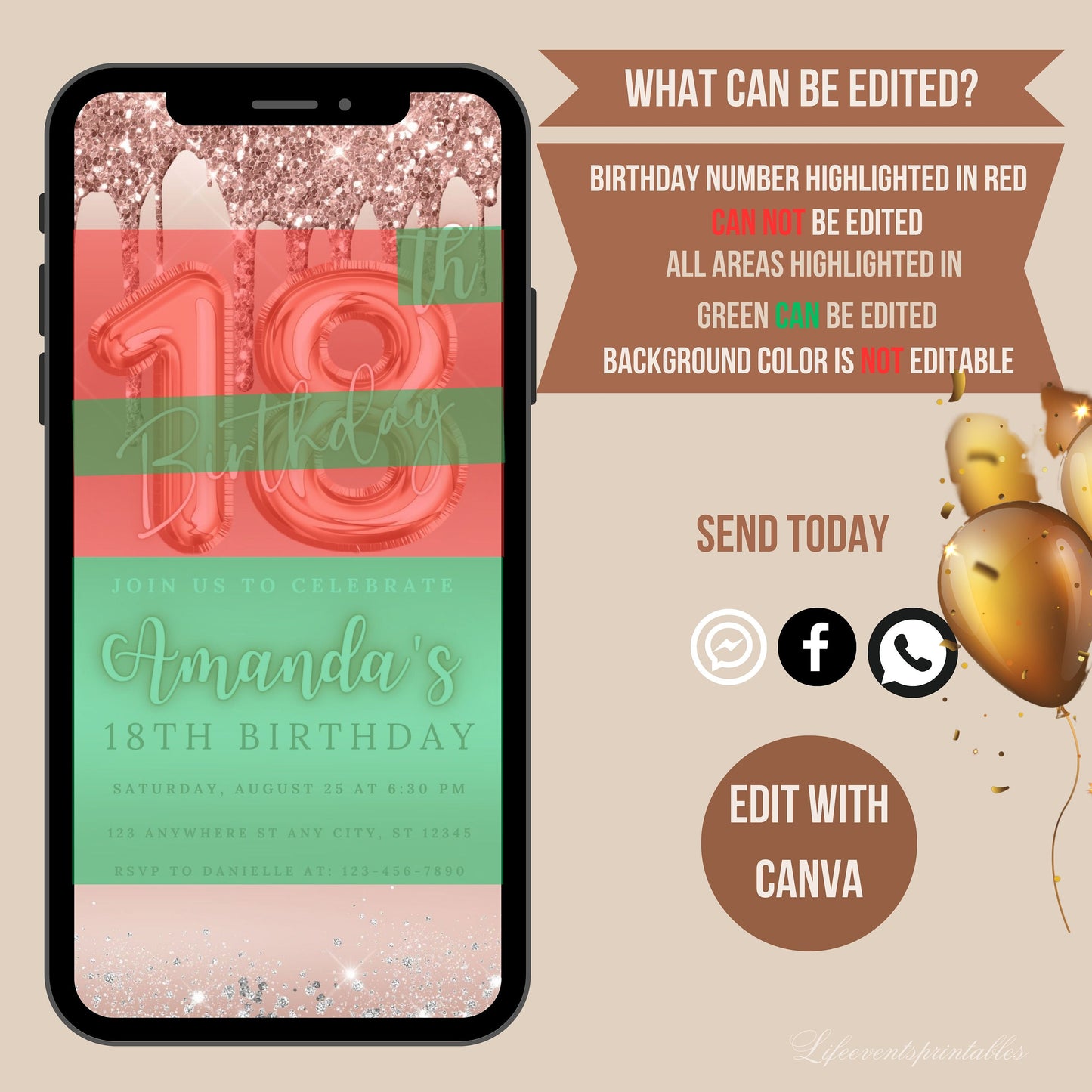 18TH Dripping Birthday Invitation Digital Rose Gold, Editable Glittery Eighteenth Birthday evite Glitter Drip Invitation Template CANVA