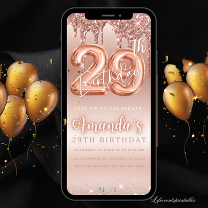 Digital 29th Dripping Rose Gold Birthday Invitation Template, Editable Glittery Electronic Birthday Invitation Drip Invitation CANVA