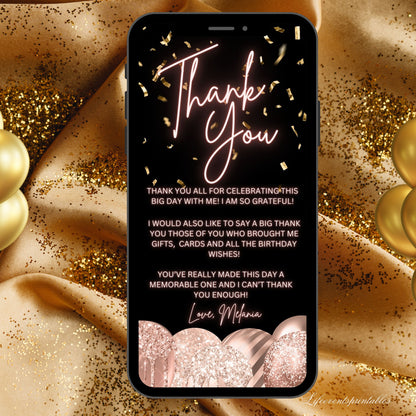 ROSEGOLD BALLOON birthday invitation Template, Neon Pink Glitter electronic evite, Digital Birthday Ecard Invite with Thank you Note