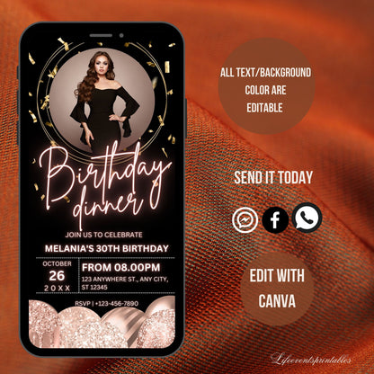 ROSEGOLD BALLOON birthday invitation Template, Neon Pink Glitter electronic evite, Digital Birthday Ecard Invite with Thank you Note